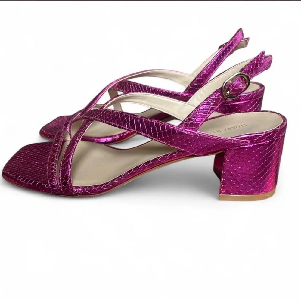 New Stuart Weitzman Metallic Fuchsia Strappy Heels